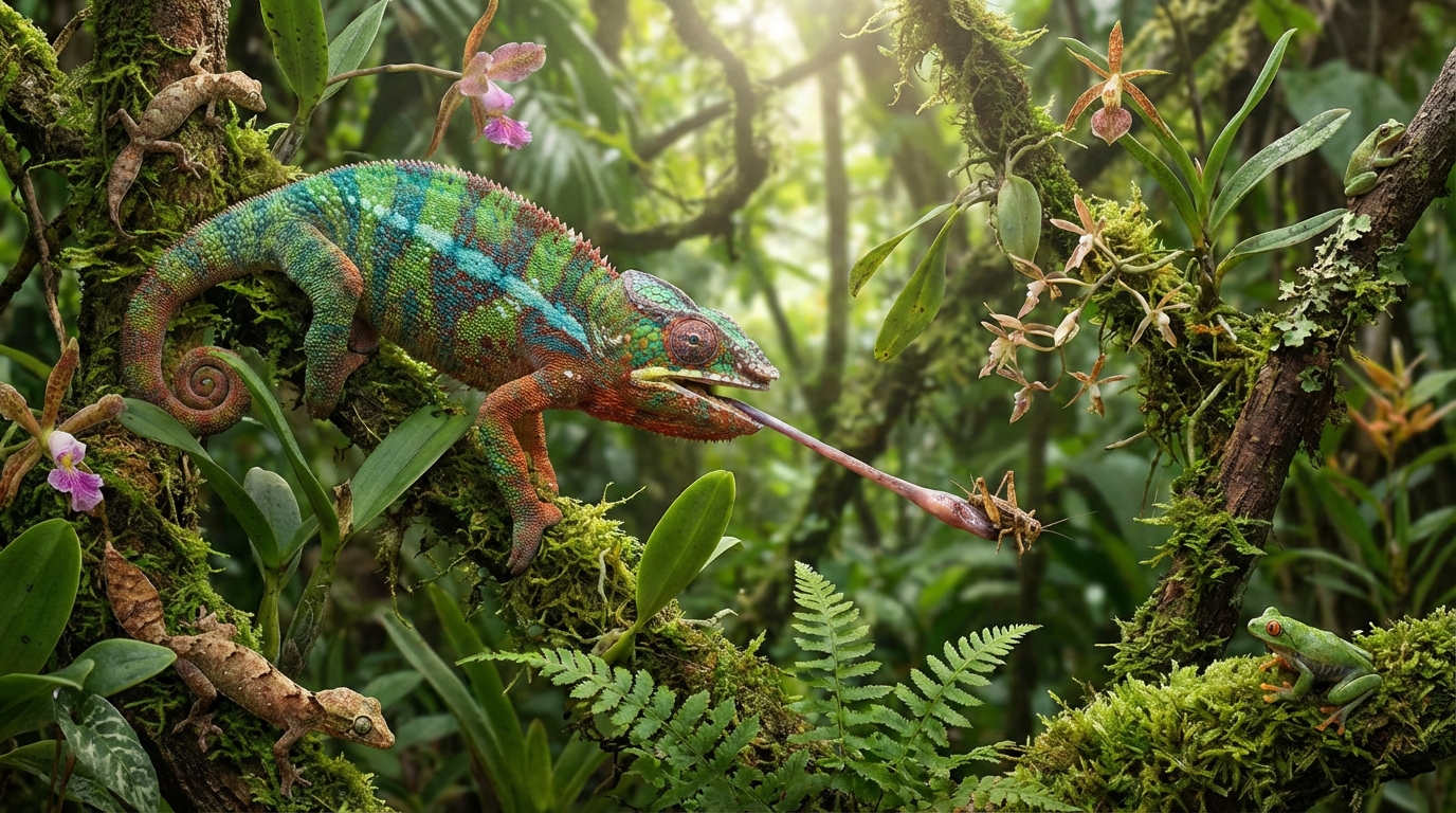 Derrière la métamorphose fulgurante de ce célèbre caméléon se cache une étonnante prouesse optique, un miracle naturel aujourd’hui menacé par la lente agonie de son sanctuaire malgache