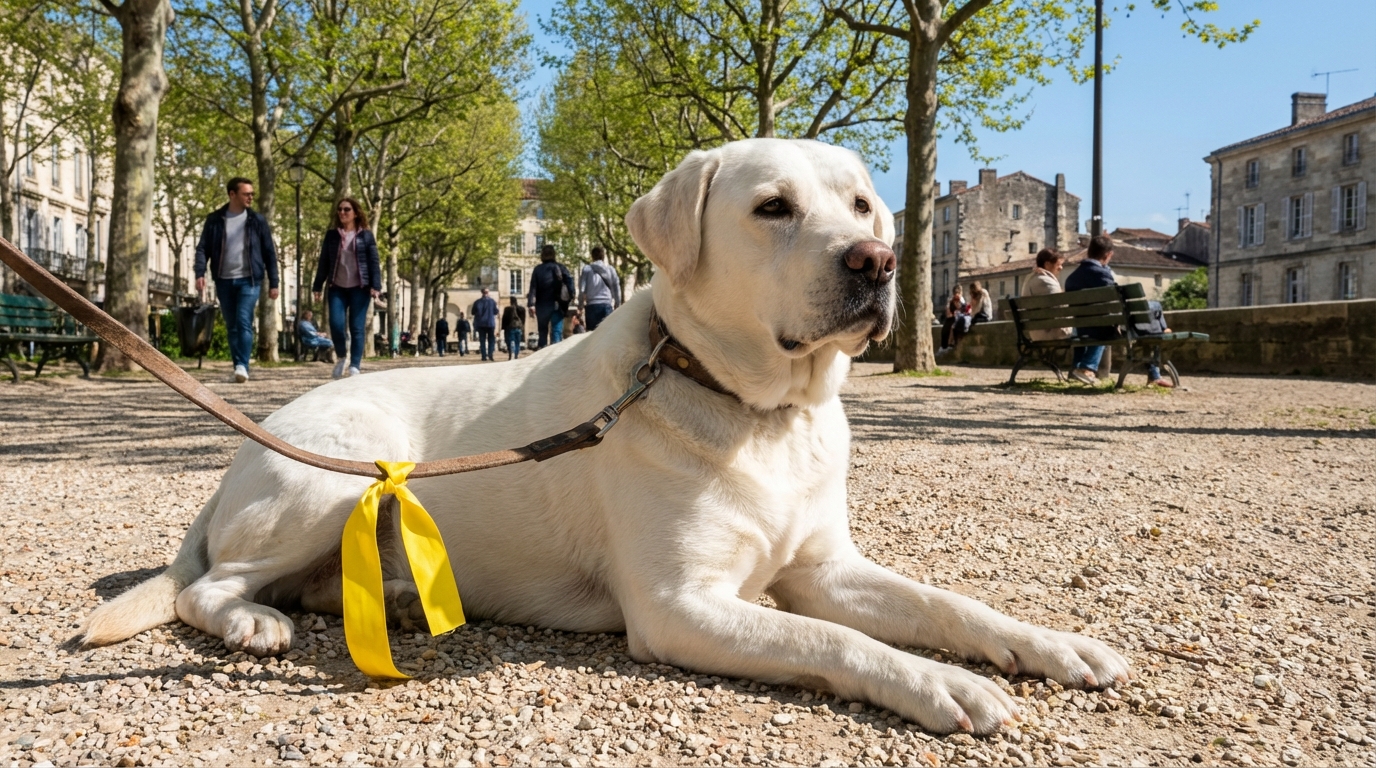 Face à un chien portant un ruban jaune sur sa laisse, ce réflexe que nous avons tous en balade est exactement celui qu’il faut bannir
