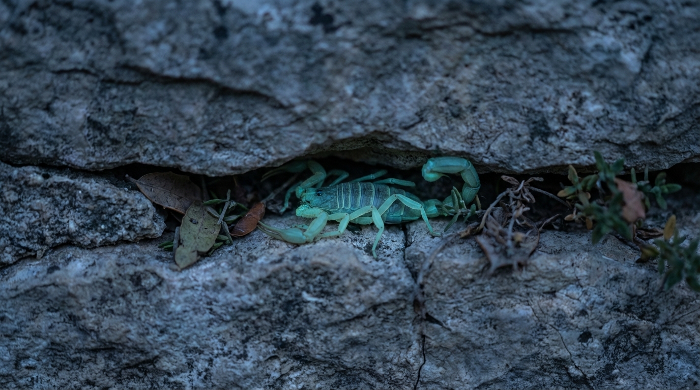 Trahi par son inattendue carapace fluorescente, ce scorpion se terre systématiquement à la moindre clarté lunaire pour sauver sa peau
