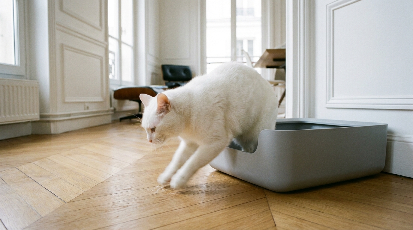 Ce curieux ballet sur le carrelage en sortant de la litière n’a absolument rien à voir avec un besoin de propreté