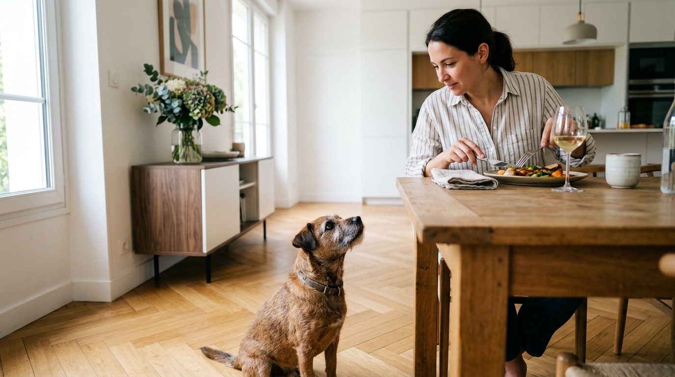 Votre chien quémande à chaque repas et vous cédez en pensant bien faire : les éducateurs canins y voient un tout autre mécanisme