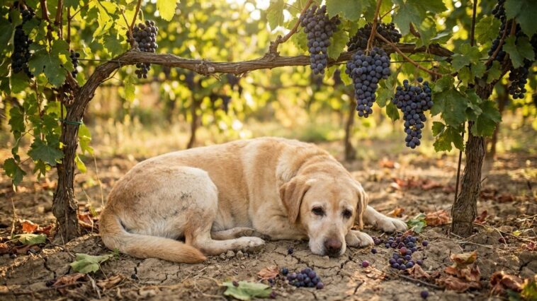 J'ai laissé mon Labrador grignoter les grains tombés sous la treille en août parce qu'il adorait ça : deux jours plus tard...