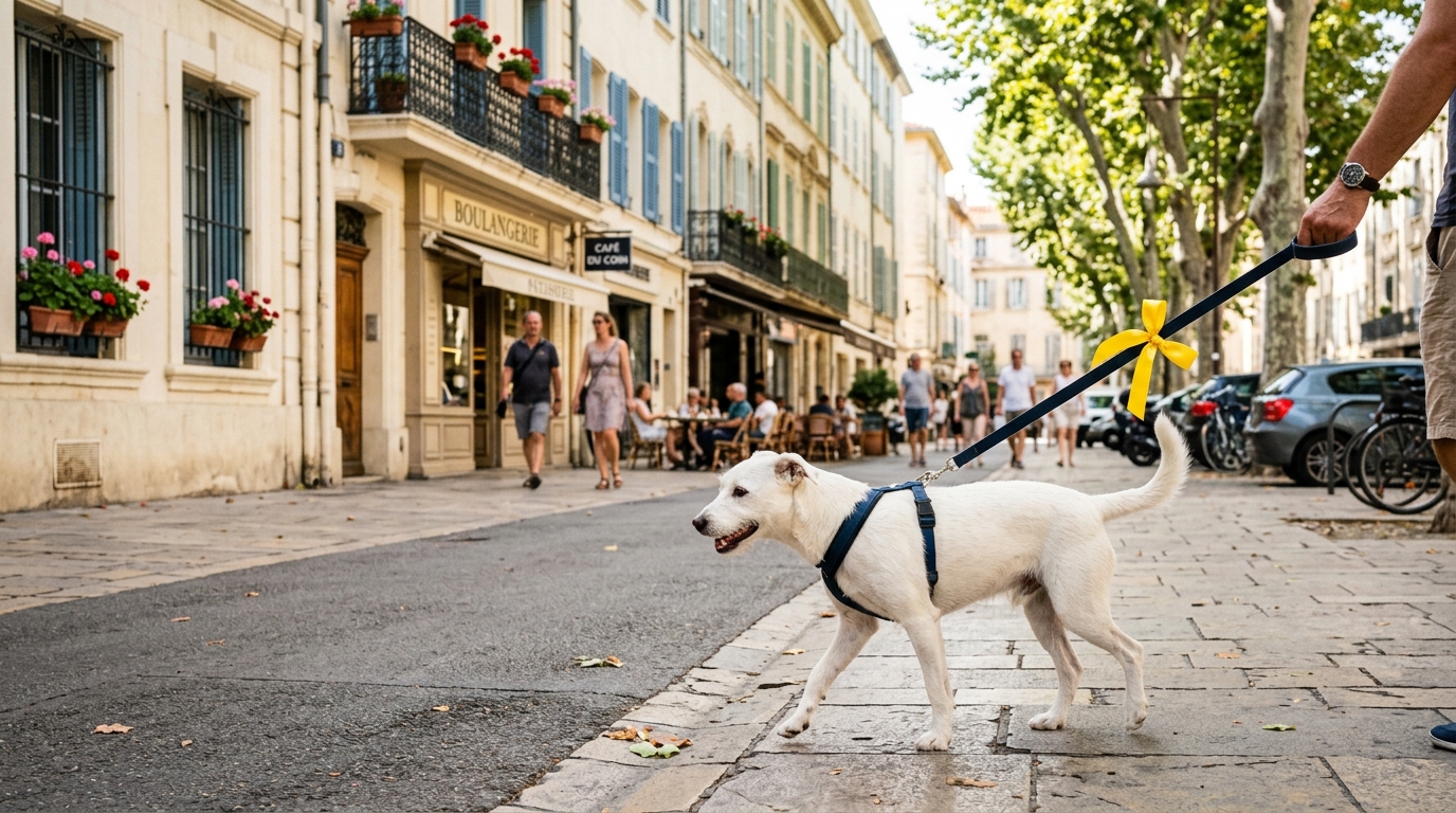Un ruban jaune noué à la laisse d’un chien croisé en promenade : le bon réflexe à avoir