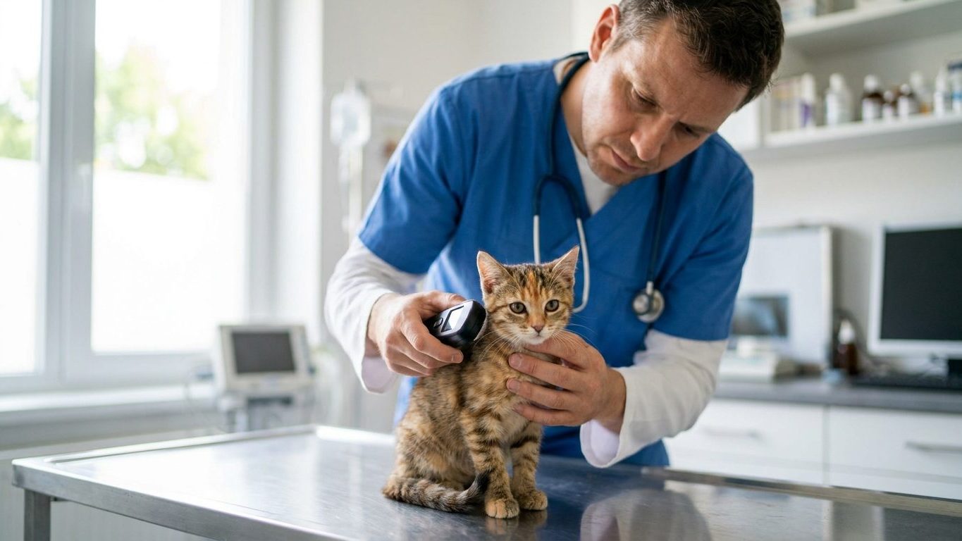 J’ai adopté un chaton donné par un voisin au mois d’août : le vétérinaire a passé le lecteur sur son cou et m’a demandé de m’asseoir