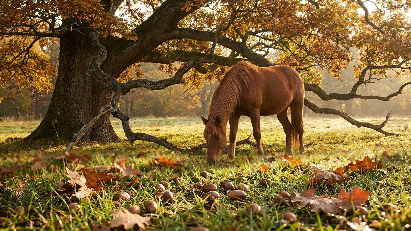 J'ai laissé mes chevaux au pré sous le vieux chêne tout le mois de septembre : le vétérinaire m'a demandé si j'avais regar...
